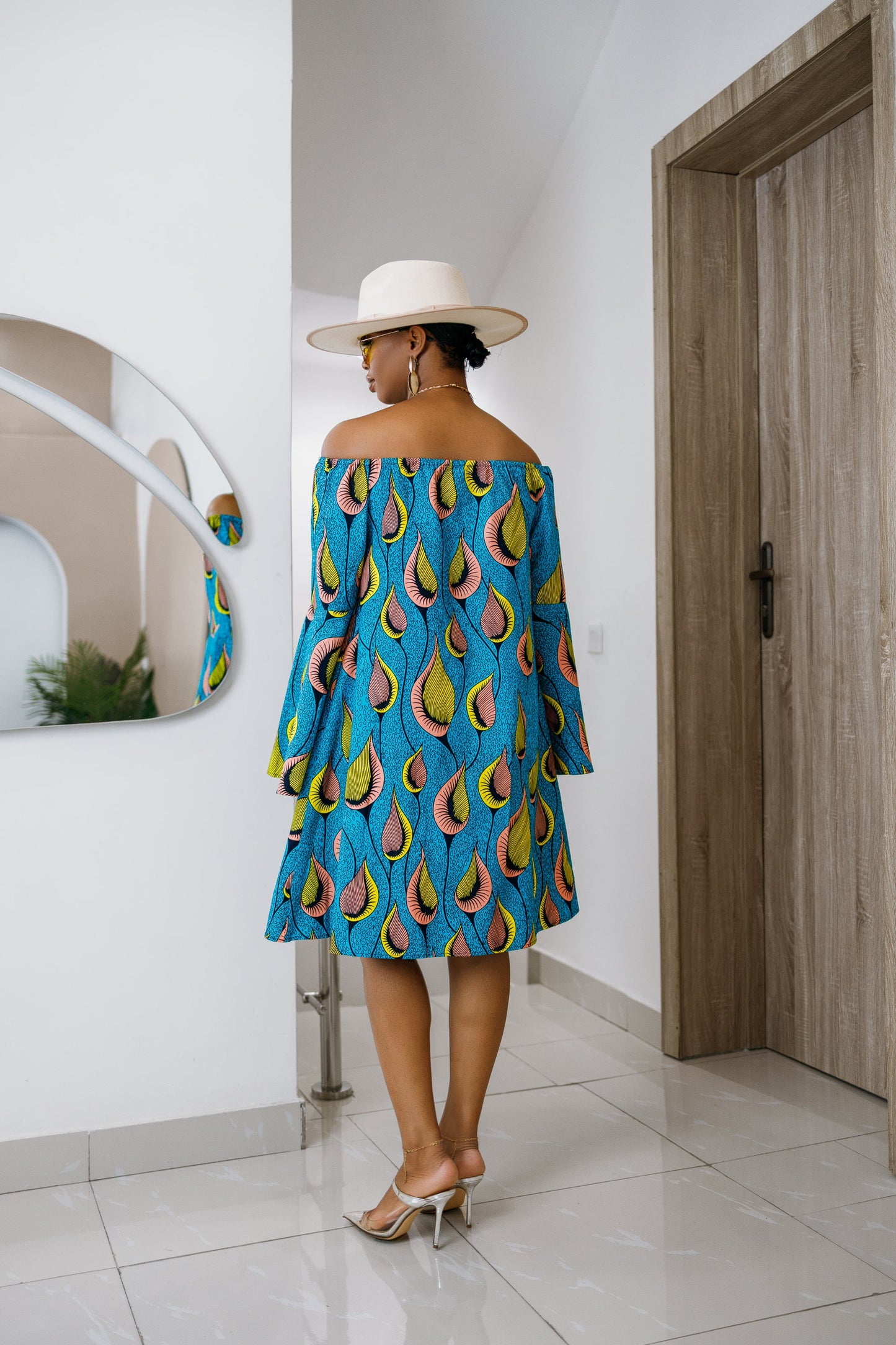 TIYE AFRICAN PRINT OFF SHOULDER DRESS [TEAL]