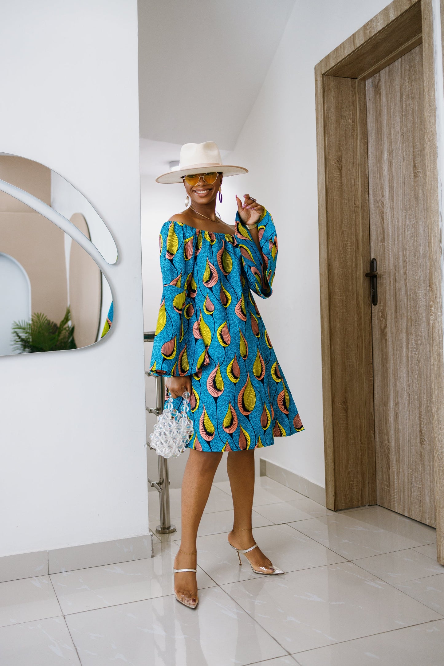 TIYE AFRICAN PRINT OFF SHOULDER DRESS [TEAL]