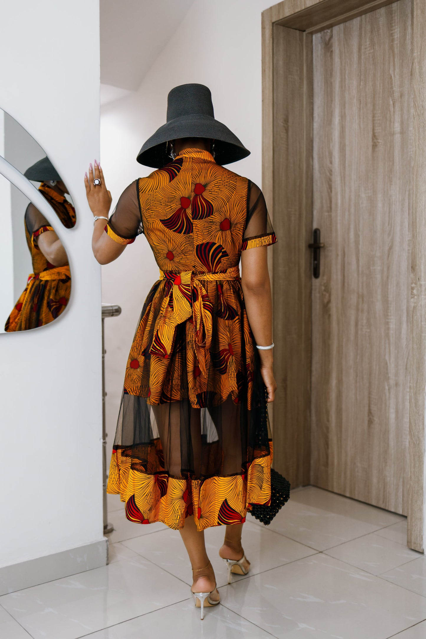 VALENTINA AFRICAN PRINT BUTTON MESH DRESS [ORANGE]