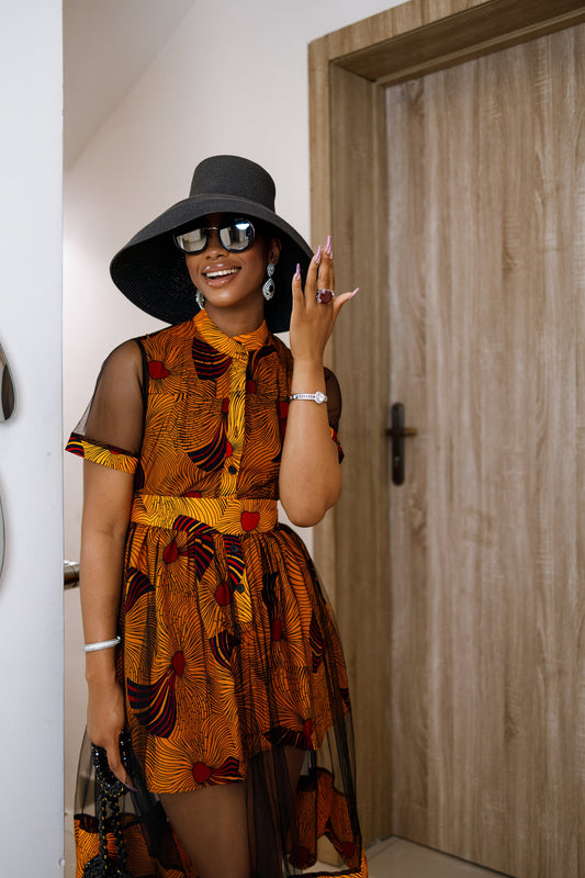 VALENTINA AFRICAN PRINT BUTTON MESH DRESS [ORANGE]