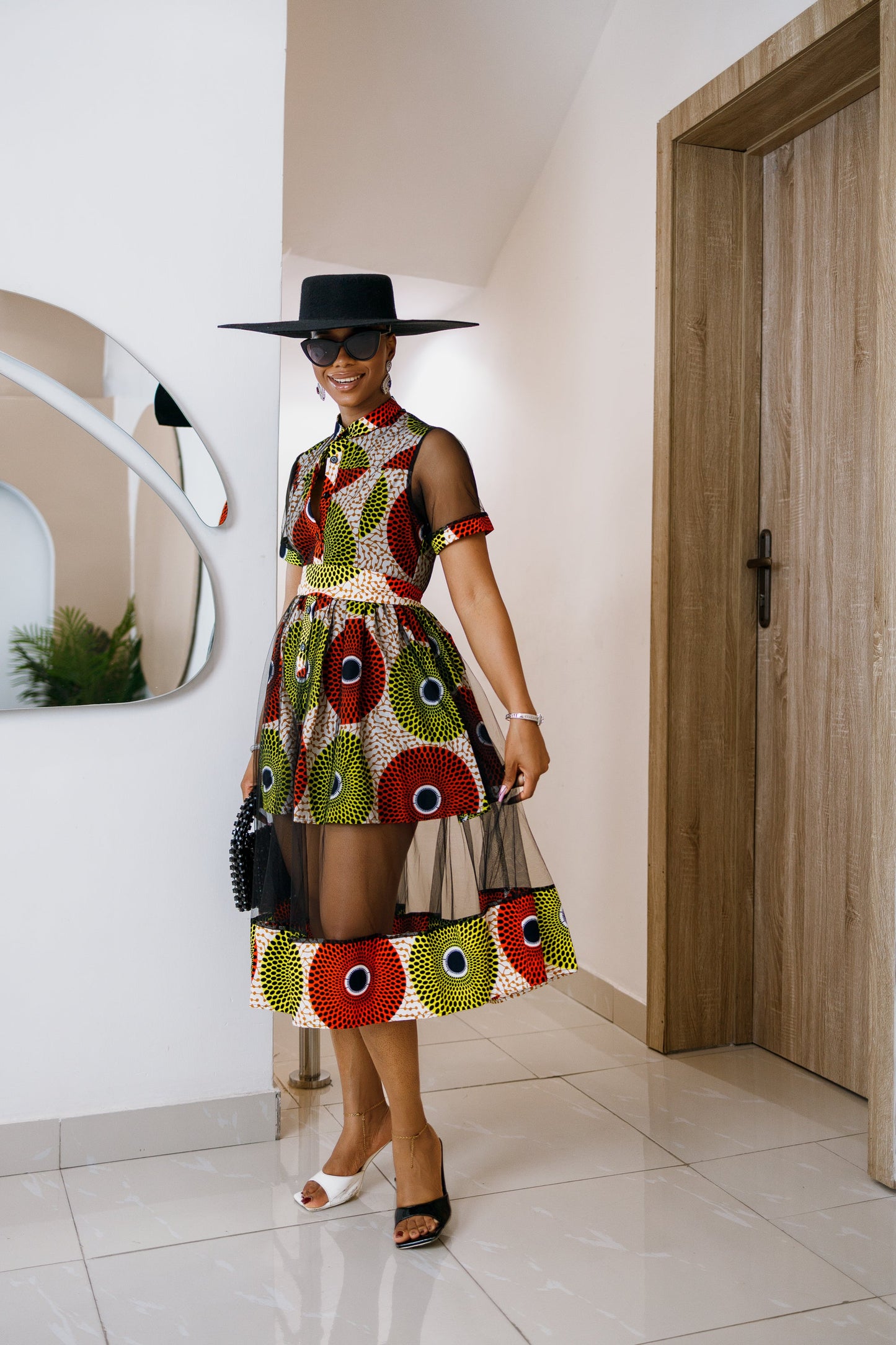 VALENTINA AFRICAN PRINT BUTTON MESH DRESS [MULTICOLOR]