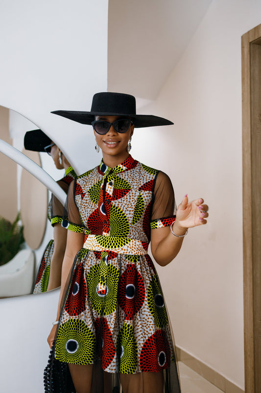 VALENTINA AFRICAN PRINT BUTTON MESH DRESS [MULTICOLOR]