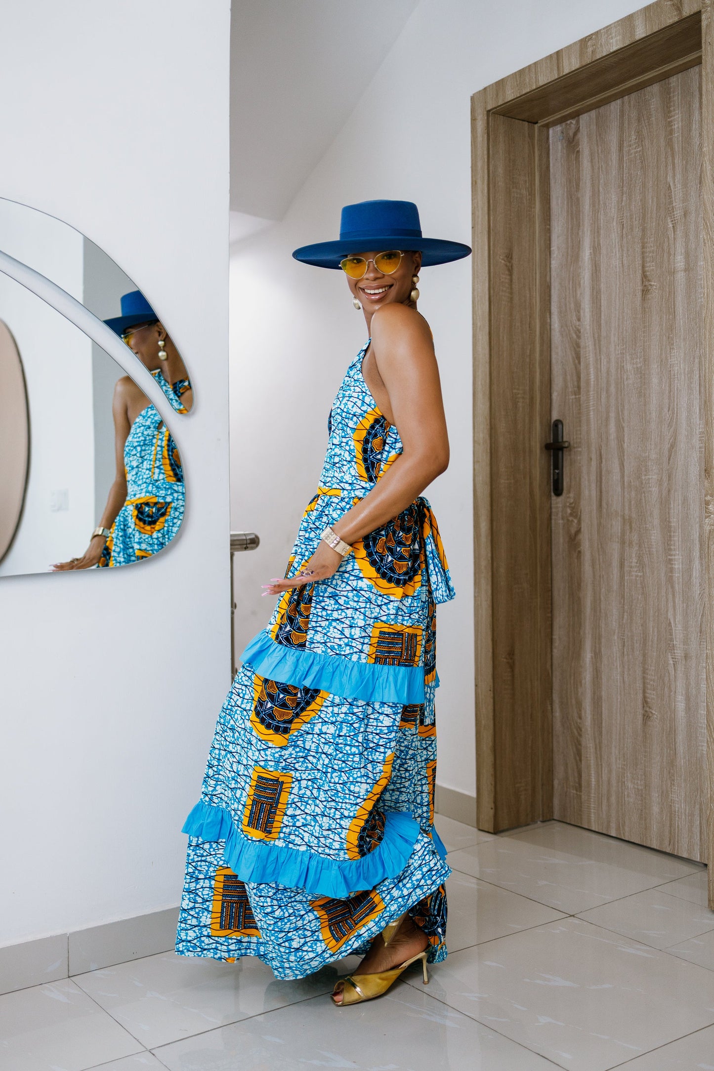 LABI AFRICAN PRINT CRISSCROSS TIERED MAXI DRESS [BLUE]