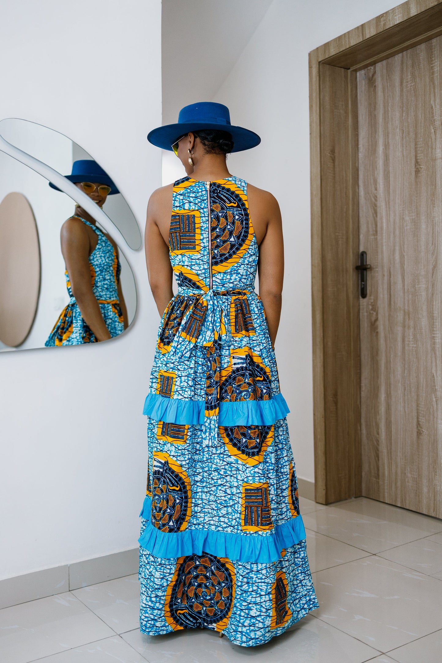 LABI AFRICAN PRINT CRISSCROSS TIERED MAXI DRESS [BLUE]