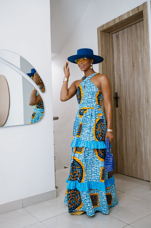 LABI AFRICAN PRINT CRISSCROSS TIERED MAXI DRESS [BLUE]